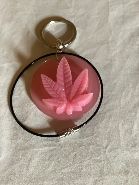 Handmade 2” Round Pink Weed Leaf Key ring & Black Metal  Wristlet