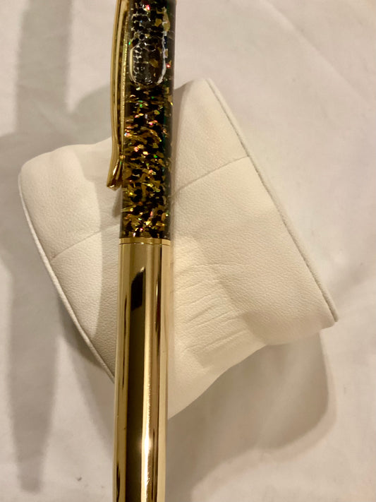 Handmade New & Unique Black & Gold Chunky Glitter  Float Pen