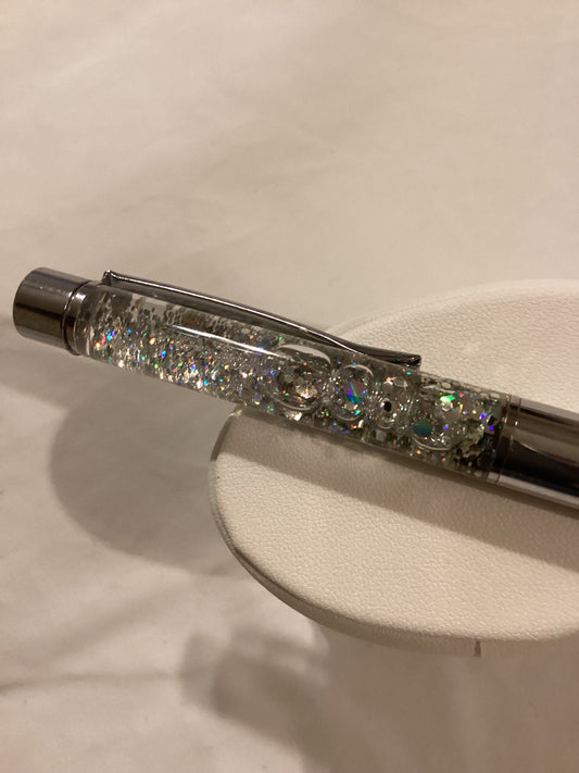 Handmade New Silver Rhinestones & Tiny Silver Pearls & Glitter Float Pen