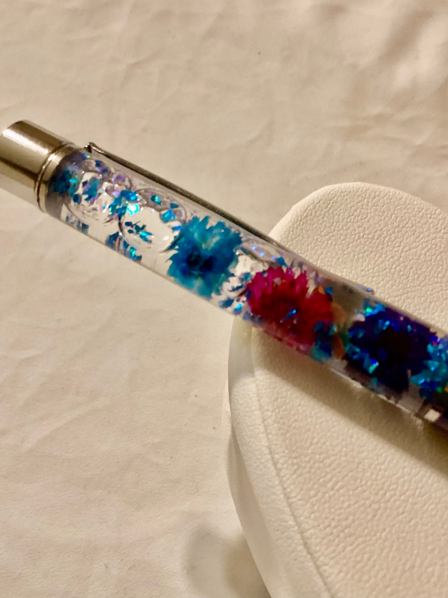 Handmade New Vibrant Multicolor Dried Flowers w/ Blue Glitter- BlueFloat Pen