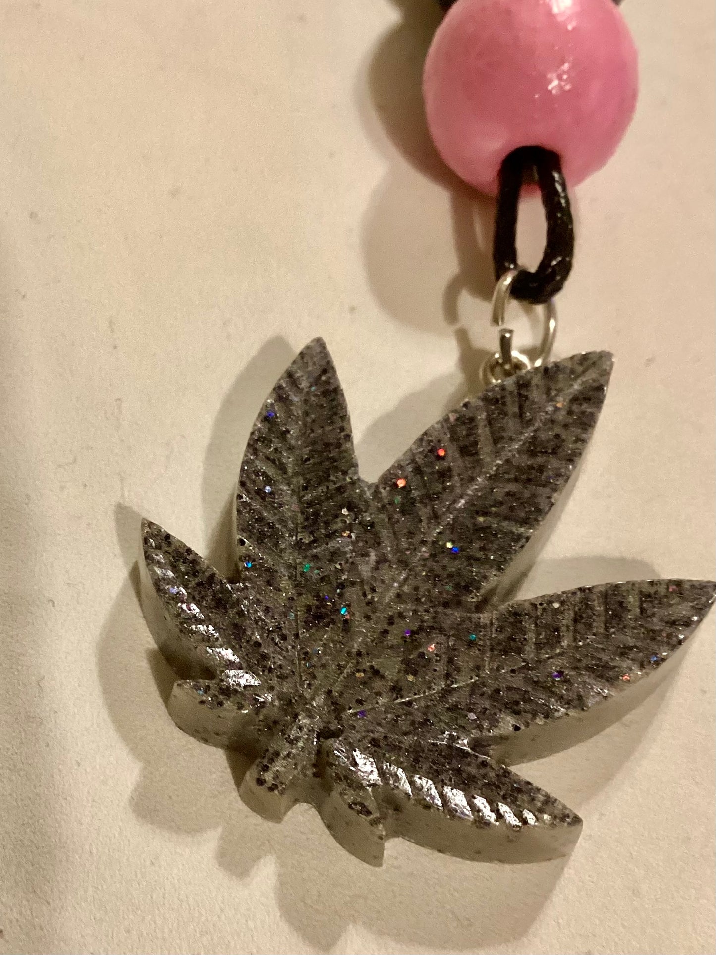 Handmade Back Cord & Gray Weed Leaf Keychain w/Pink and Black  Wood Beads