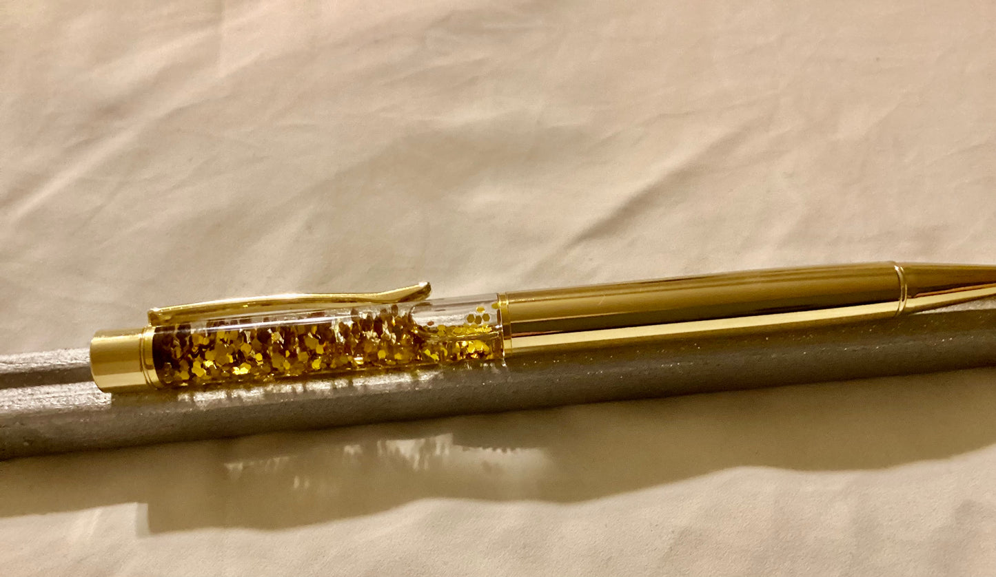 Handmade Elegant Gold Float Pen w/gold Hardware Beads & Glitter