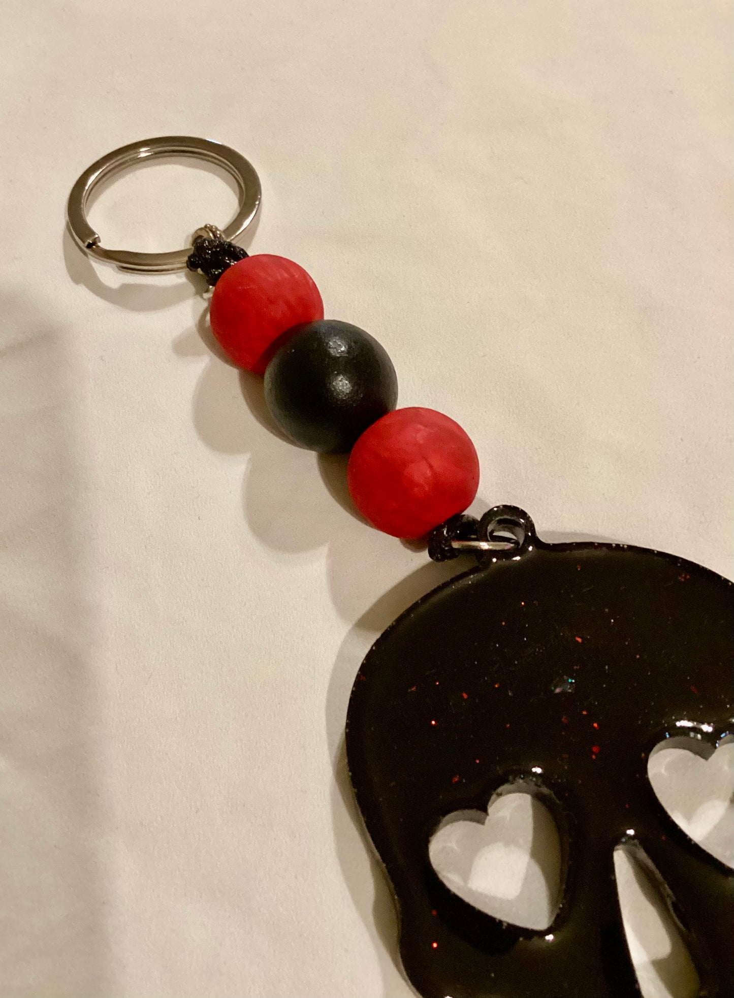 Handmade Resin Black W/red Glitter Skeleton Medallion Beaded Keychain