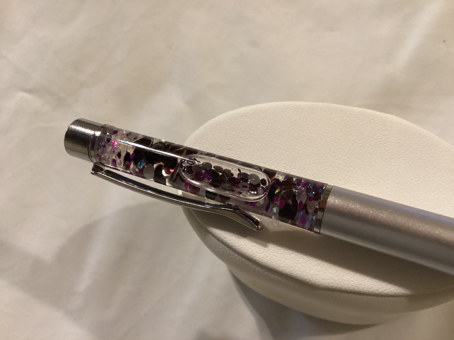 Handmade New Silver Float Pen w/floating Silver & Purple Dots and Clear Crystals