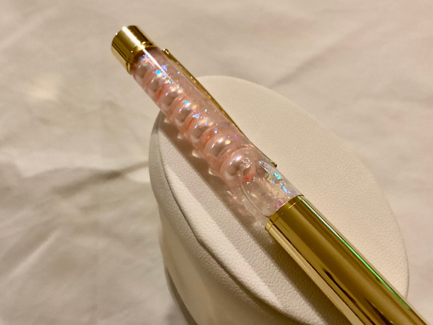 Handmade New Gorgeous White Glitter & Pink Beads Float Pen w/gold Hardware