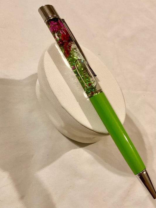 Handmade New Pretty Dried Flowers w/ Neon Green Glitter Float Pen