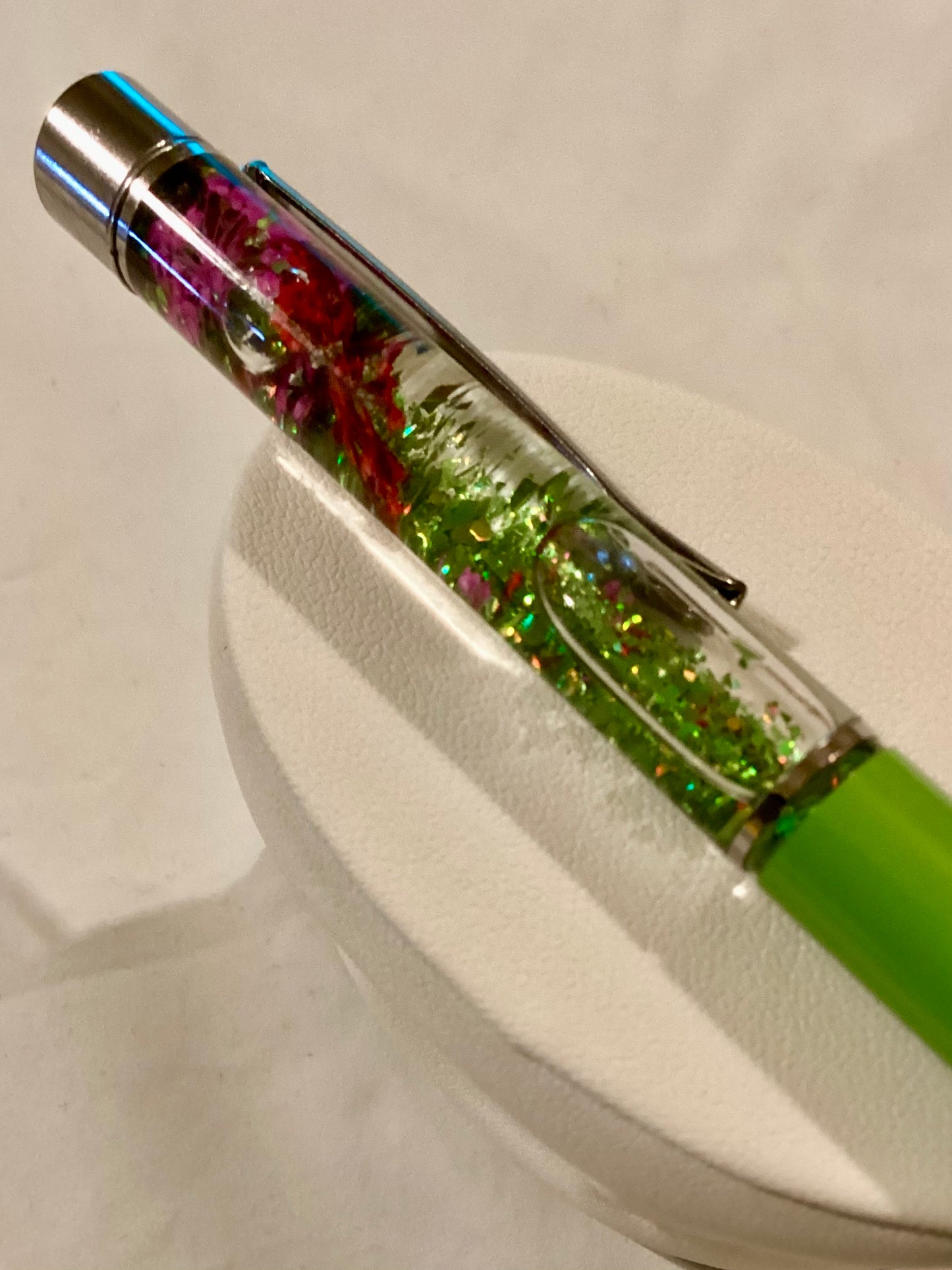 Handmade New Pretty Dried Flowers w/ Neon Green Glitter Float Pen