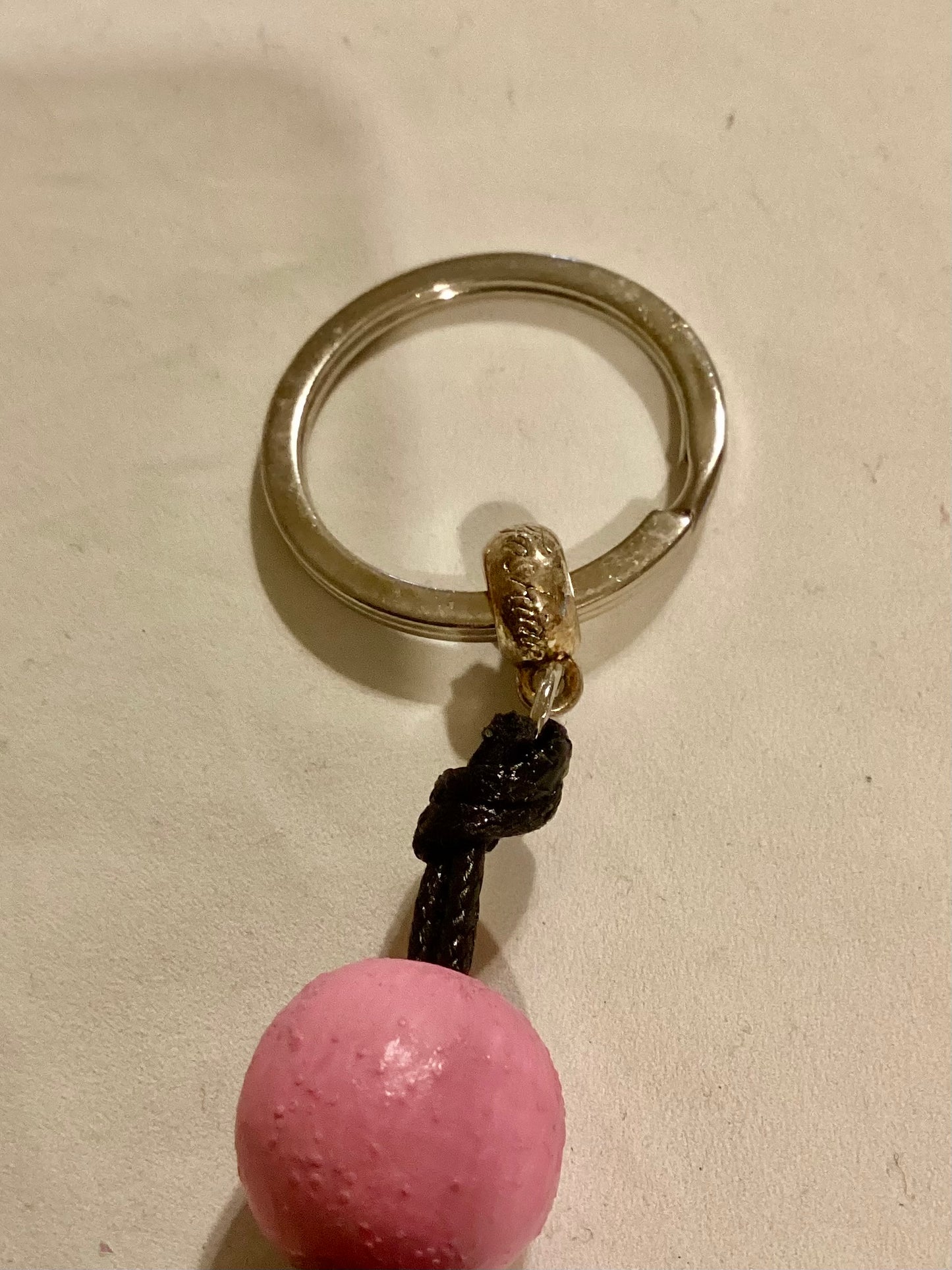 Handmade Back Cord & Gray Weed Leaf Keychain w/Pink and Black  Wood Beads