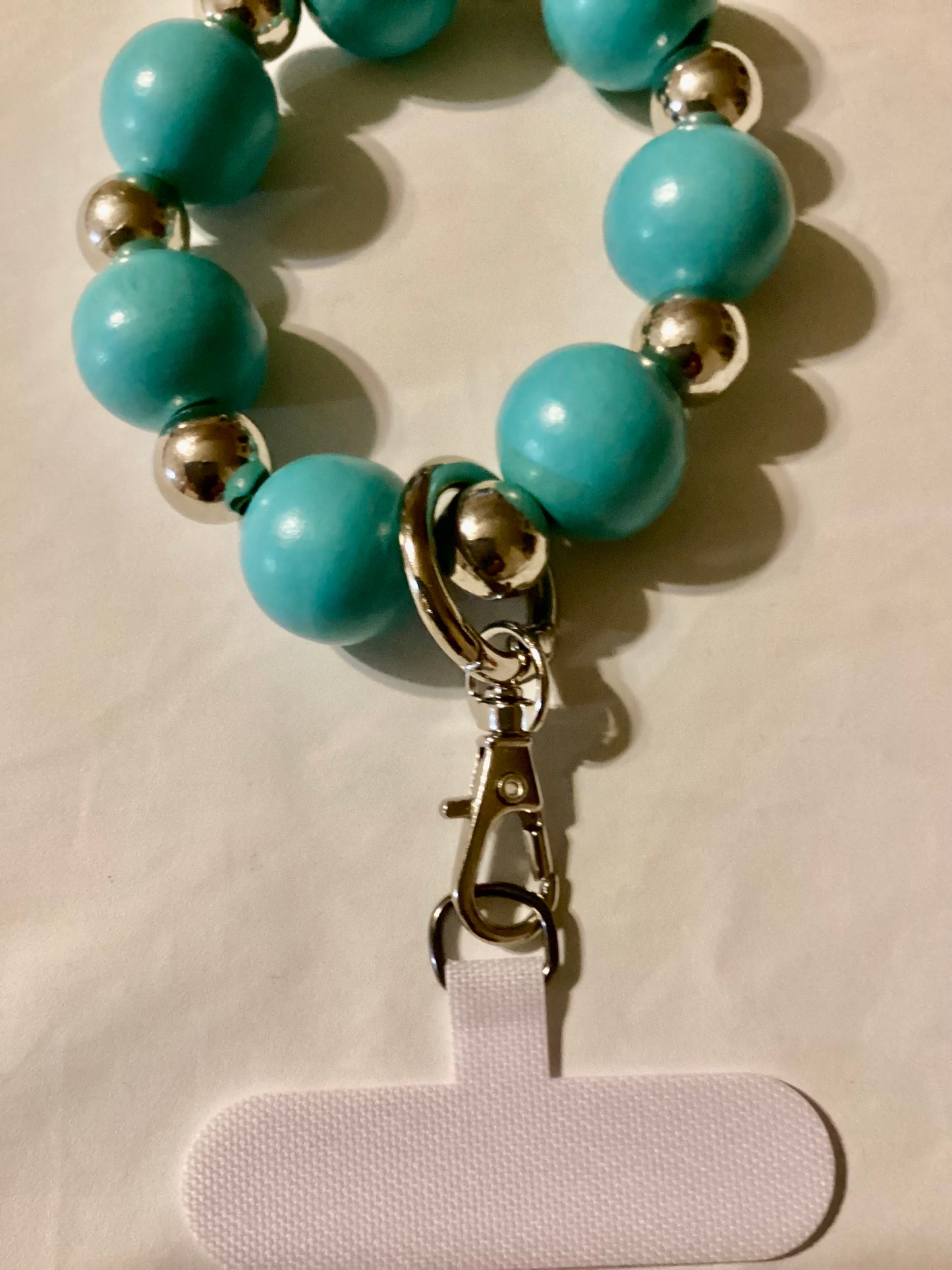 Handmade Beaded Cellphone 9.5” Wristlet W/ Teal Wood Beads