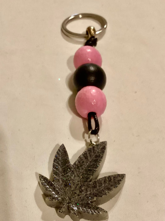 Handmade Back Cord & Gray Weed Leaf Keychain w/Pink and Black  Wood Beads