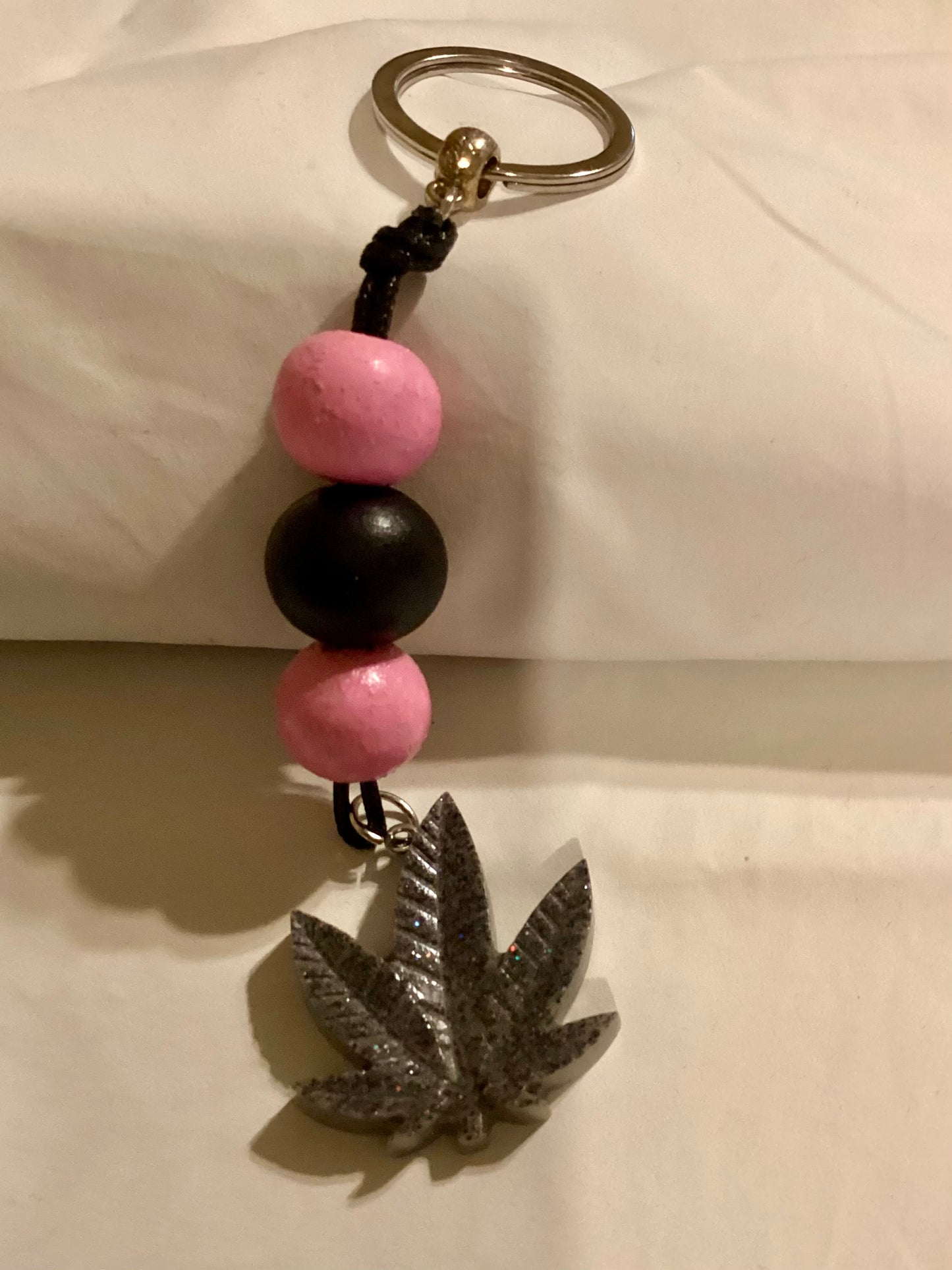 Handmade Back Cord & Gray Weed Leaf Keychain w/Pink and Black  Wood Beads