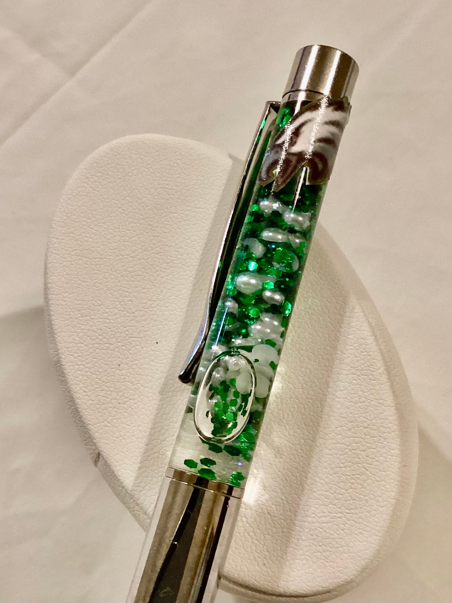 Handmade SUPERBOWL Inspired Green Glitter & White Pearls Float Pen Eagles Decal