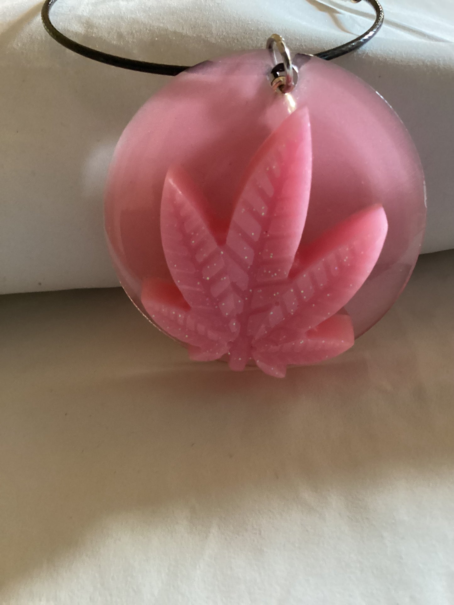 Handmade 2” Round Pink Weed Leaf Key ring & Black Metal  Wristlet