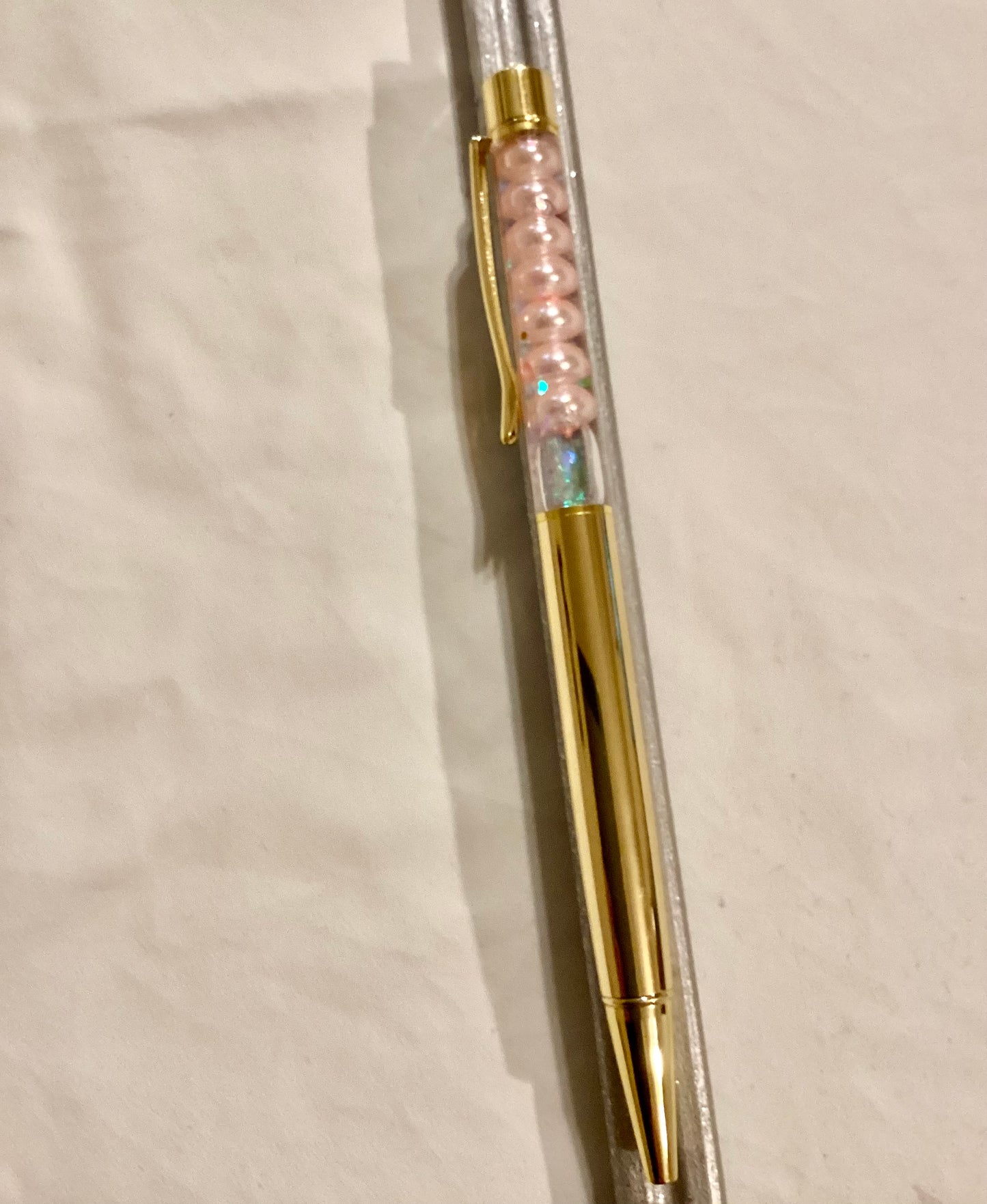 Handmade New Gorgeous White Glitter & Pink Beads Float Pen w/gold Hardware