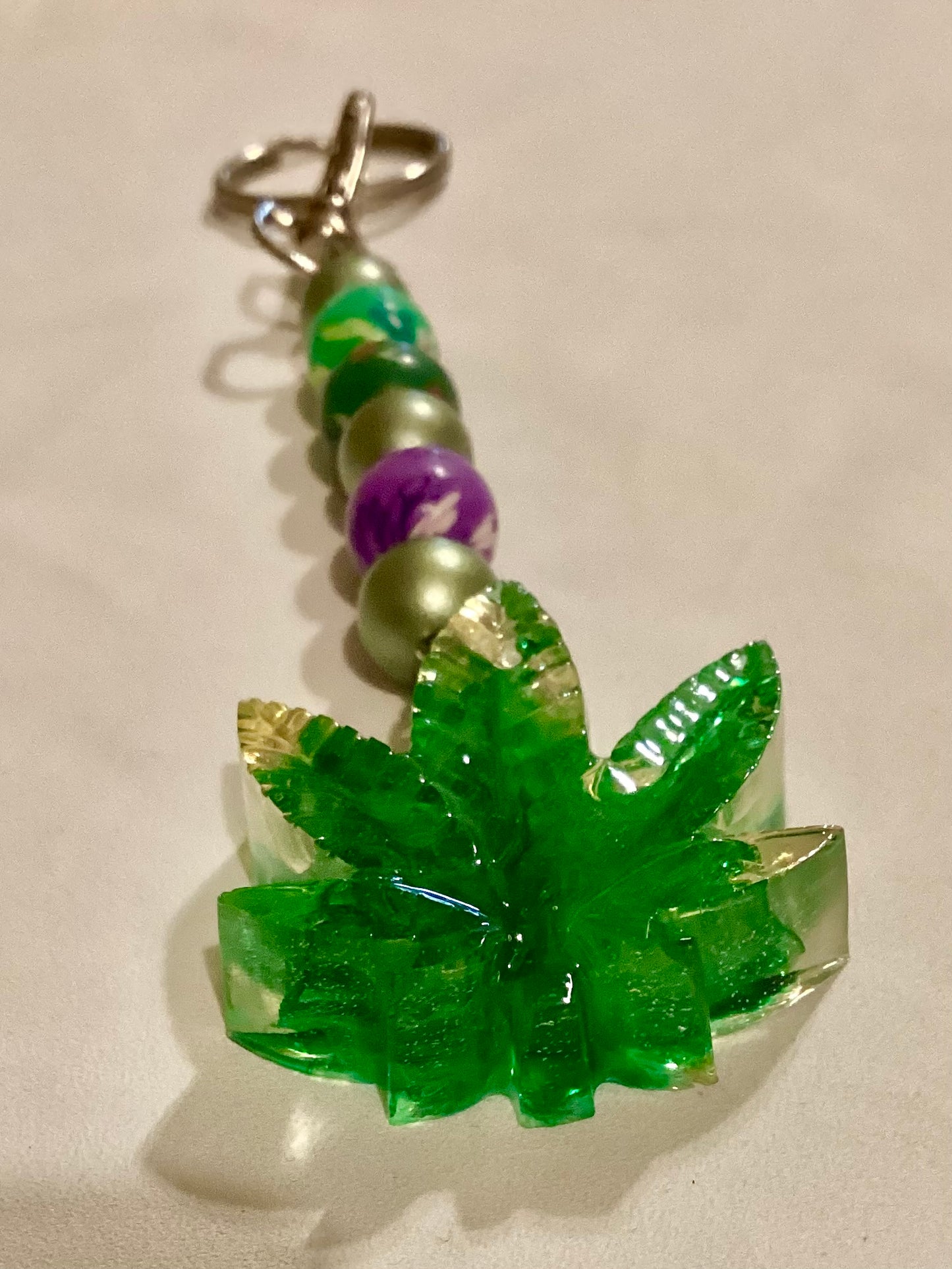 Handmade 1.5” Resin Green Weed Leaf Medallion & Beaded Stretchy Key Chain