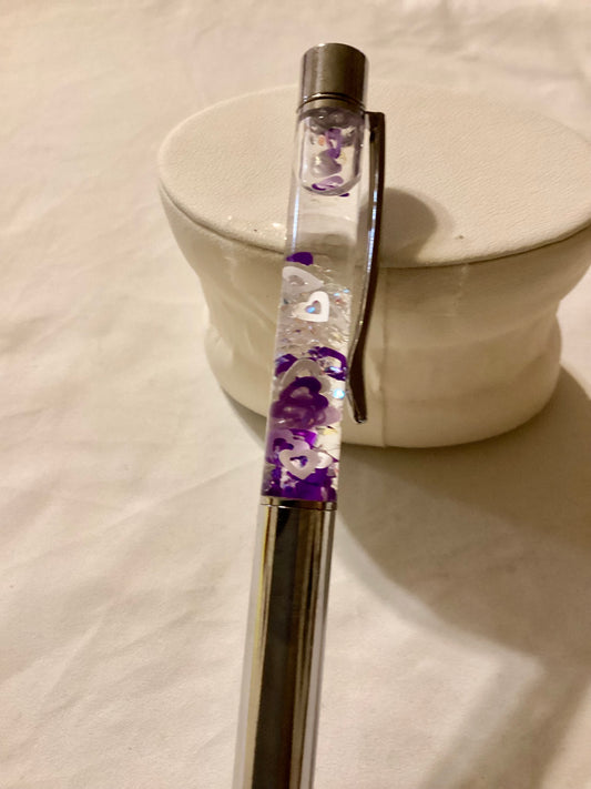 Handmade New Purple Hearts & Crystal Beads Chrome Float Pen