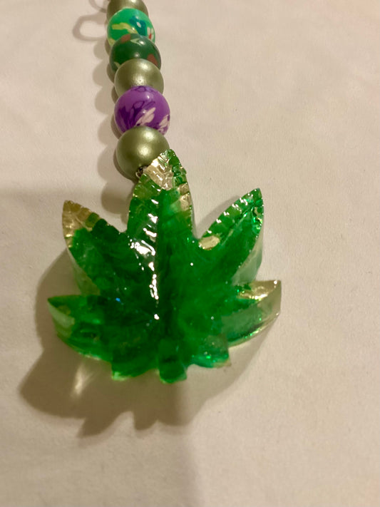 Handmade 1.5” Resin Green Weed Leaf Medallion & Beaded Stretchy Key Chain