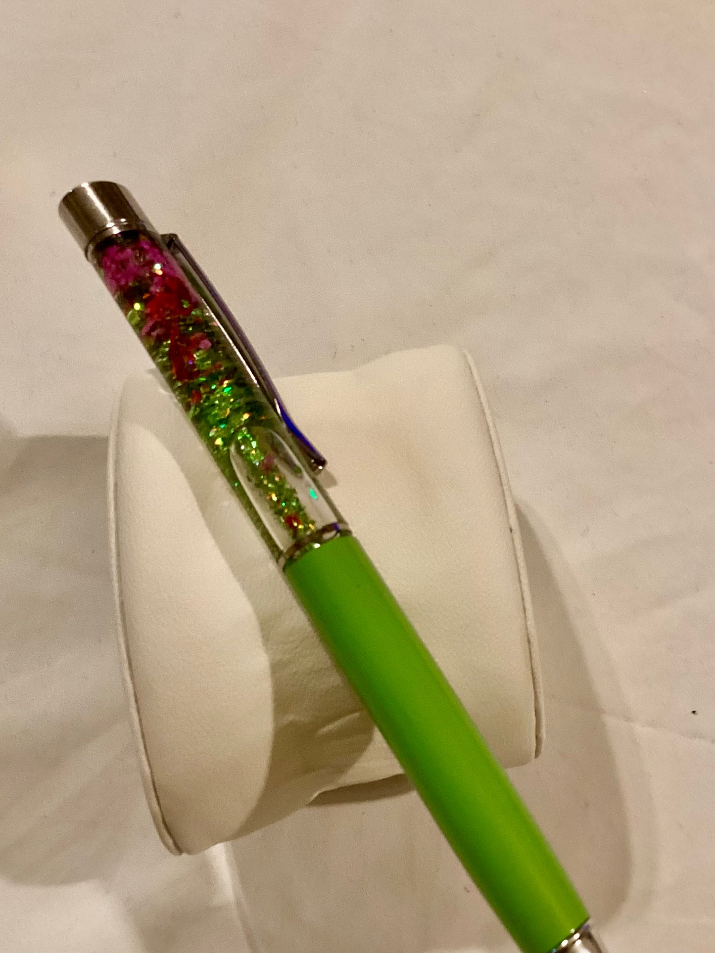 Handmade New Pretty Dried Flowers w/ Neon Green Glitter Float Pen