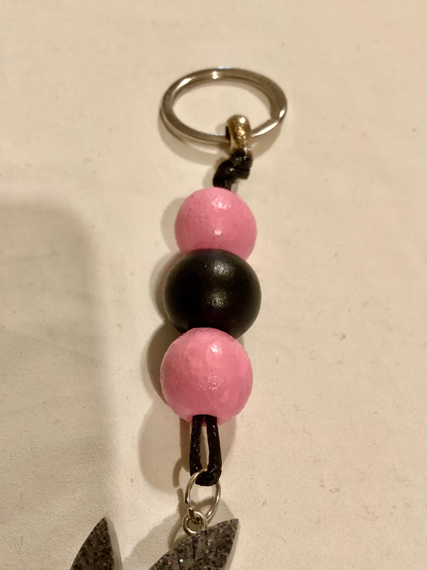 Handmade Back Cord & Gray Weed Leaf Keychain w/Pink and Black  Wood Beads