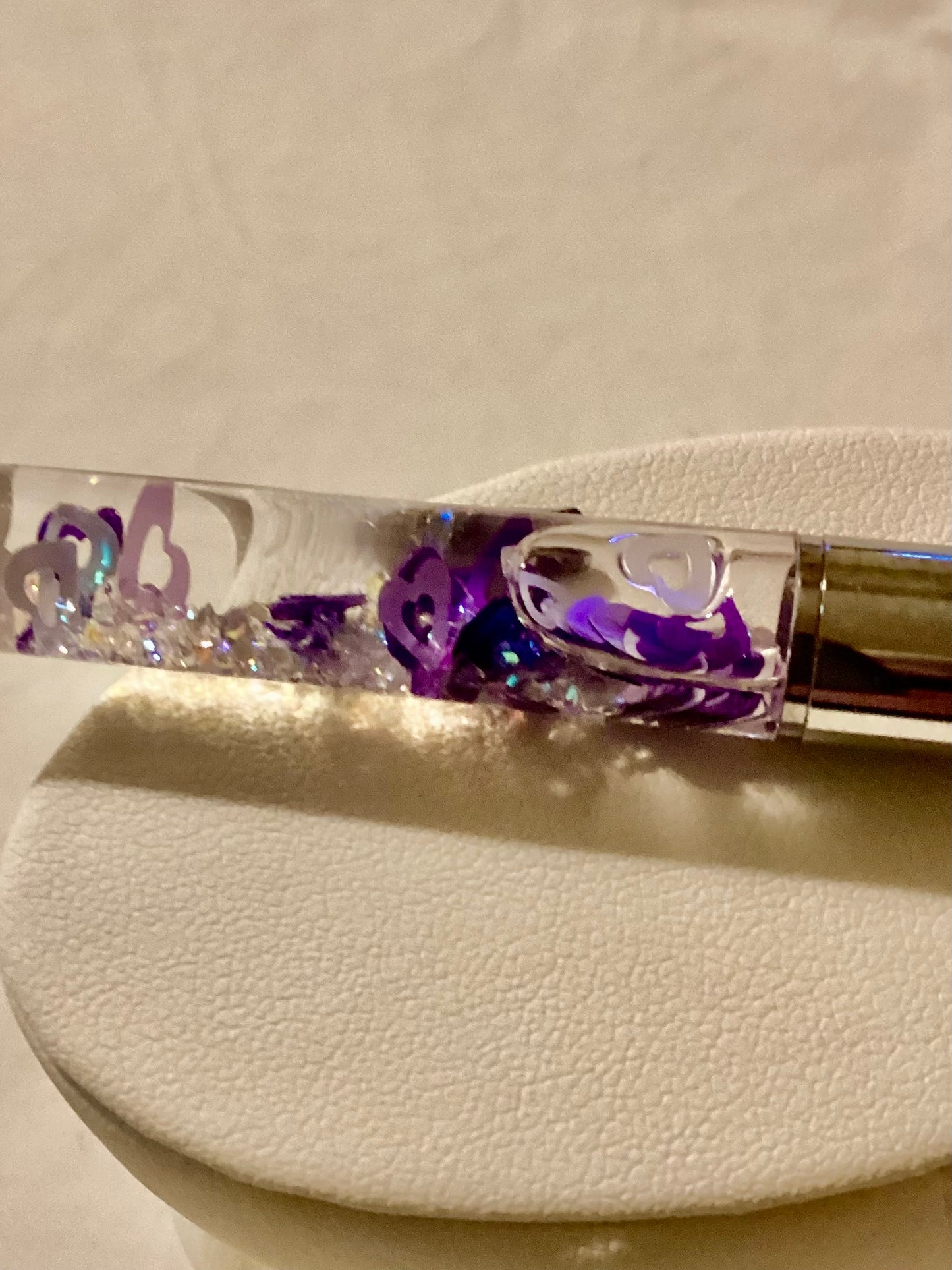 Handmade New Purple Hearts & Crystal Beads Chrome Float Pen