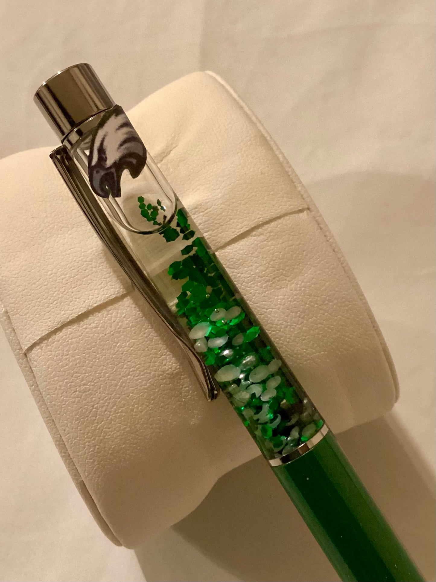 Handmade SUPERBOWL Inspired Green Glitter & White Pearls Float Pen Eagles Decal