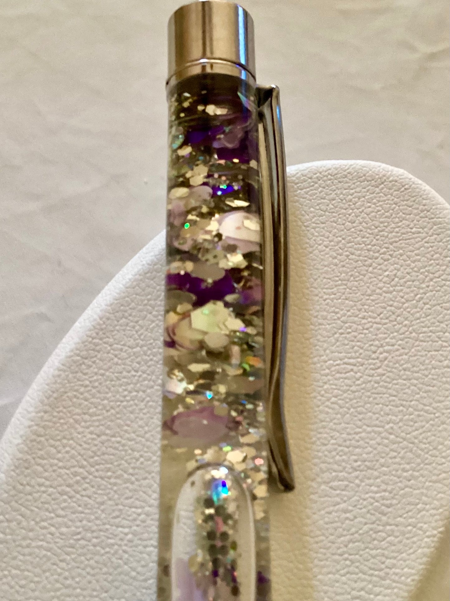 Handmade New Purple Hearts & Silver Glitter Purple Float Pen