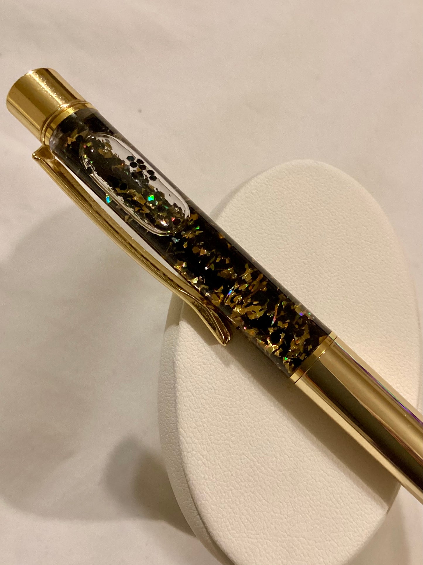 Handmade New & Unique Black & Gold Chunky Glitter  Float Pen