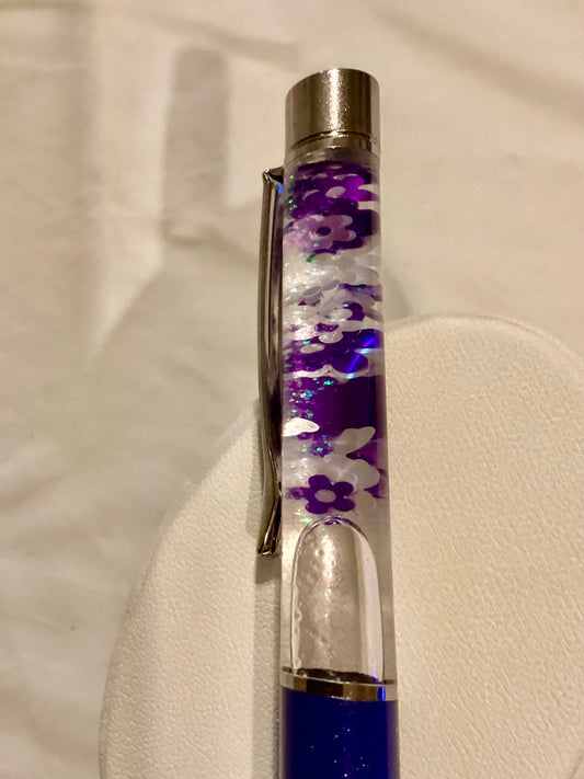 Handmade New Purple, Lavender, White Flowers & Butterflies Glitter  Float Pen