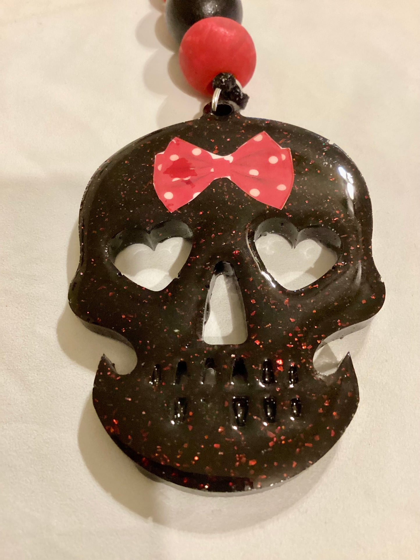 Handmade Resin Black W/red Glitter Skeleton Medallion Beaded Keychain