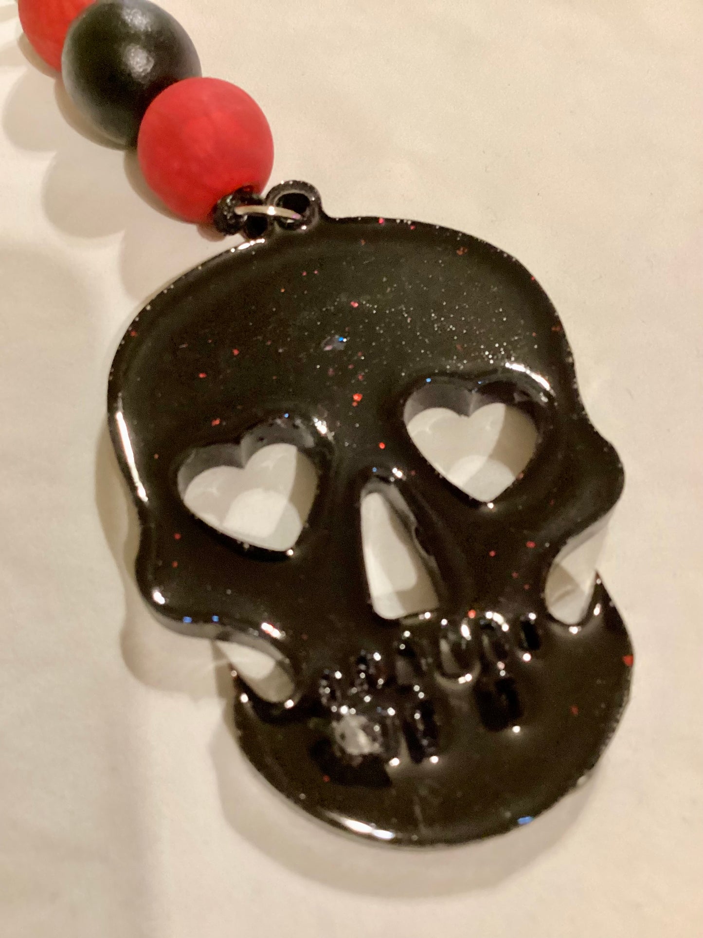 Handmade Resin Black W/red Glitter Skeleton Medallion Beaded Keychain