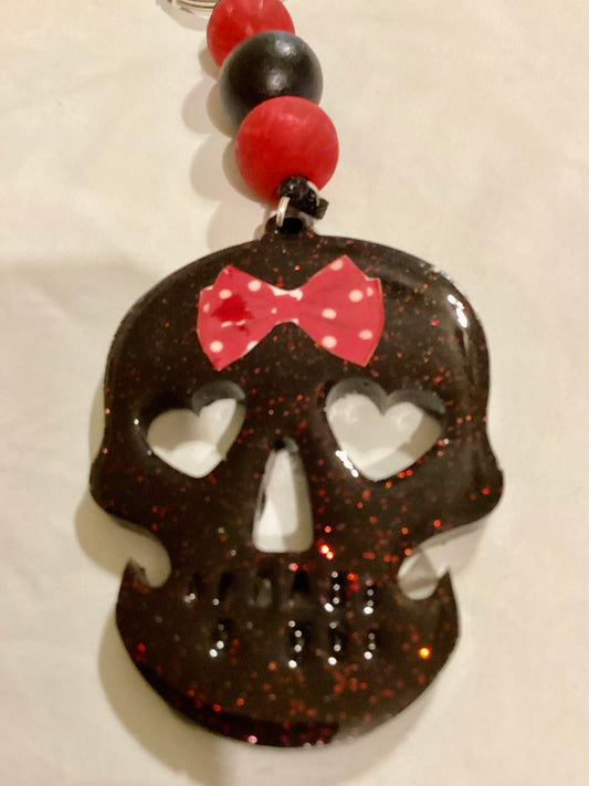 Handmade Resin Black W/red Glitter Skeleton Medallion Beaded Keychain