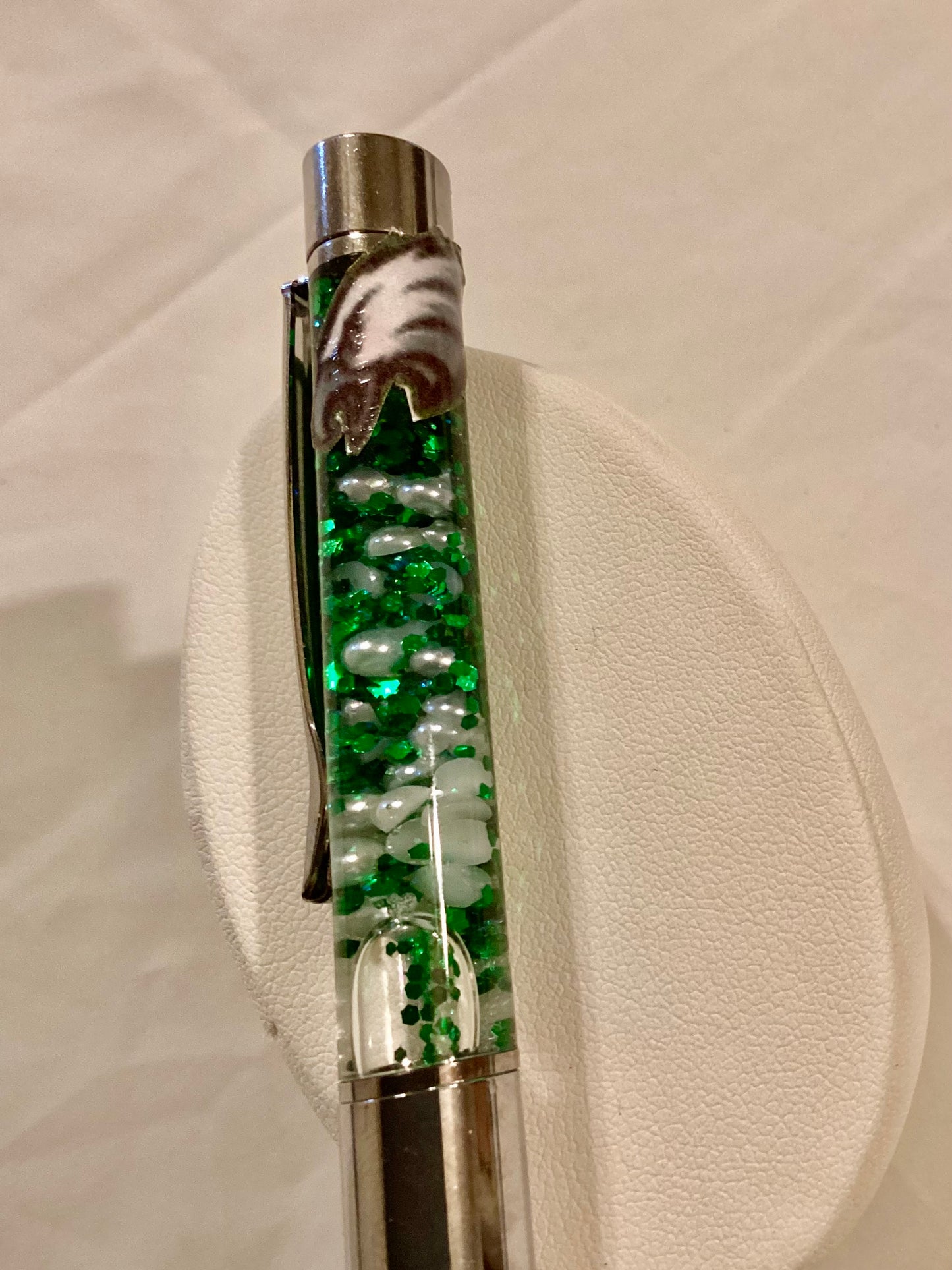 Handmade SUPERBOWL Inspired Green Glitter & White Pearls Float Pen Eagles Decal