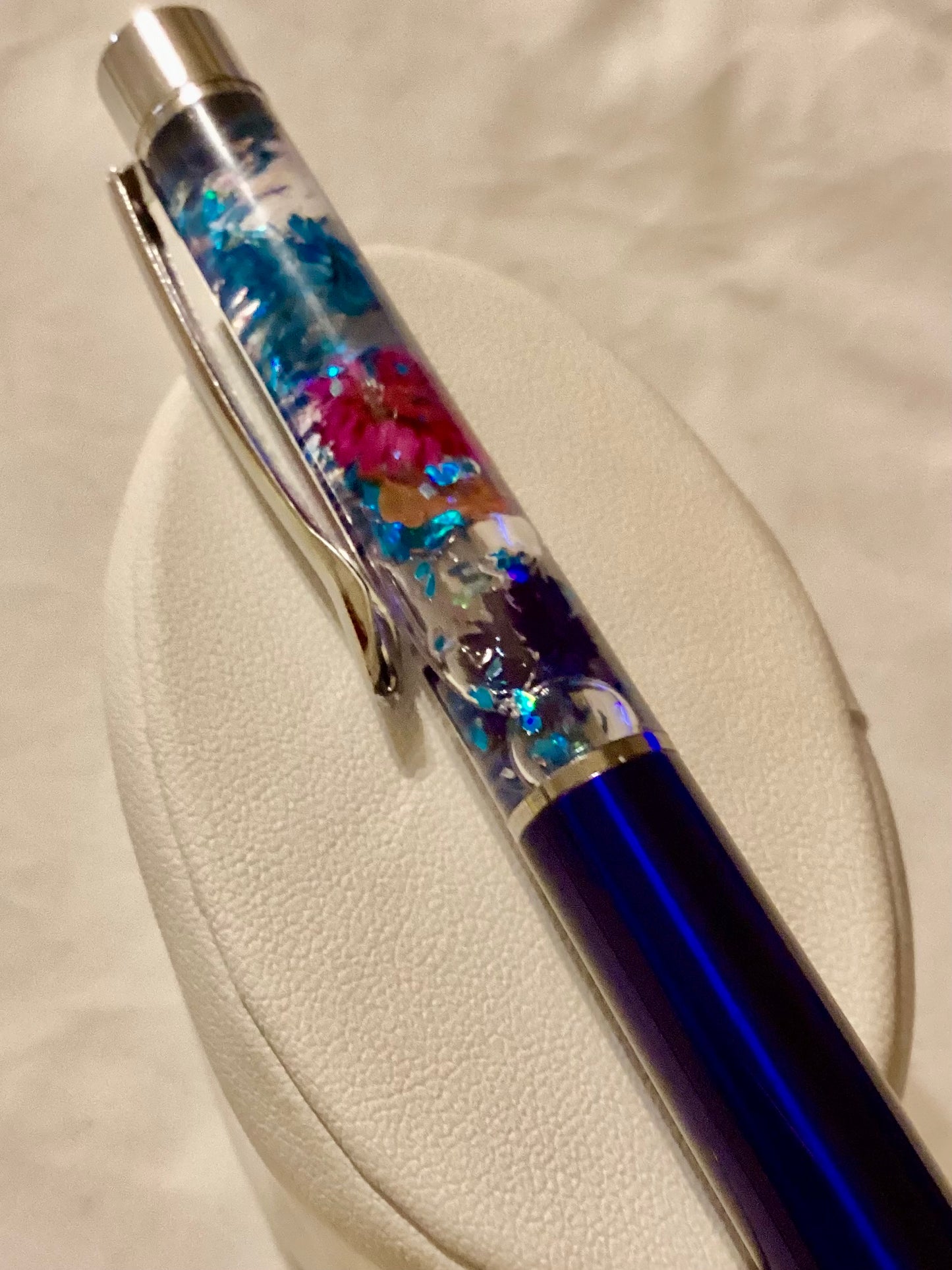 Handmade New Vibrant Multicolor Dried Flowers w/ Blue Glitter- BlueFloat Pen