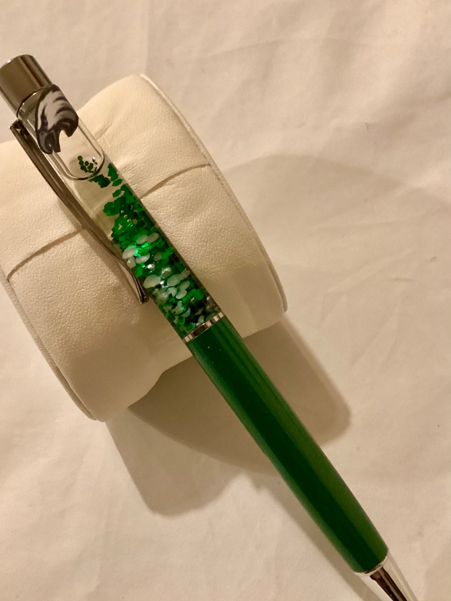 Handmade SUPERBOWL Inspired Green Glitter & White Pearls Float Pen Eagles Decal