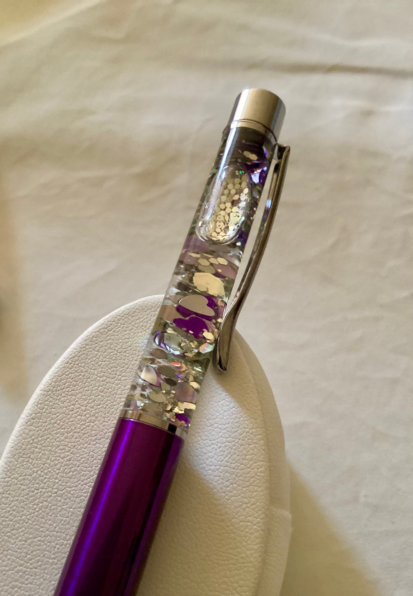 Handmade New Purple Hearts & Silver Glitter Purple Float Pen