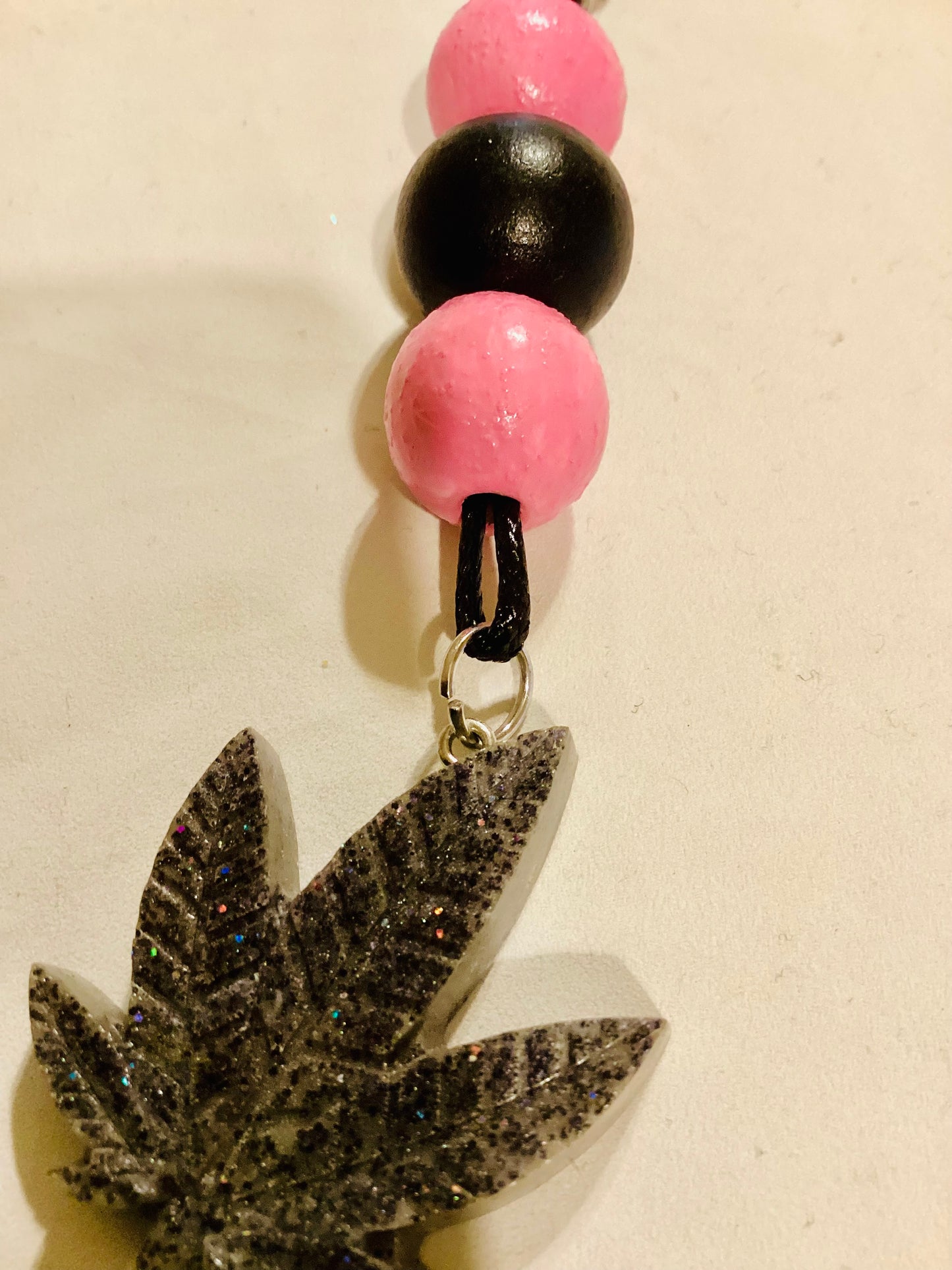 Handmade Back Cord & Gray Weed Leaf Keychain w/Pink and Black  Wood Beads