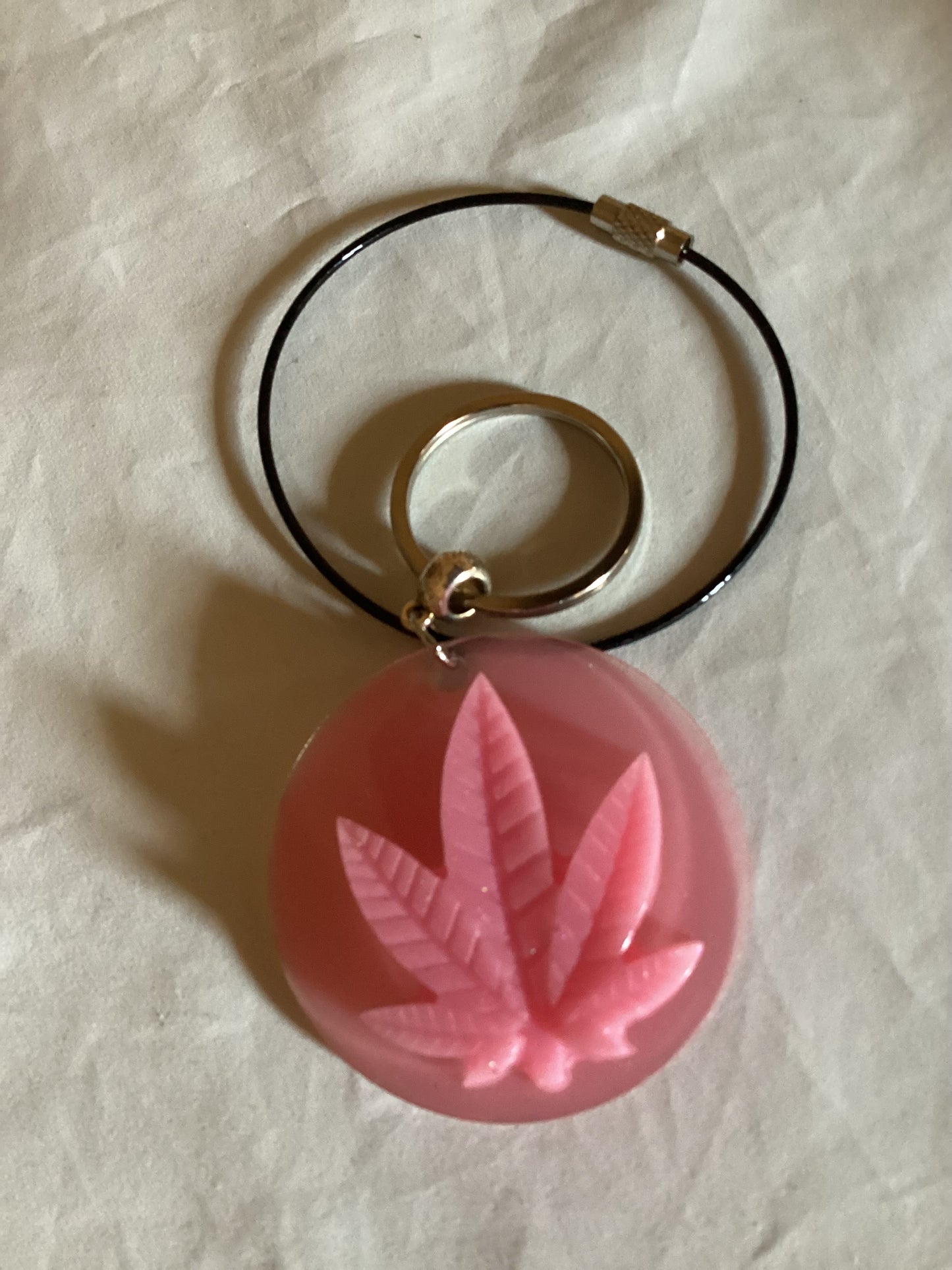 Handmade 2” Round Pink Weed Leaf Key ring & Black Metal  Wristlet