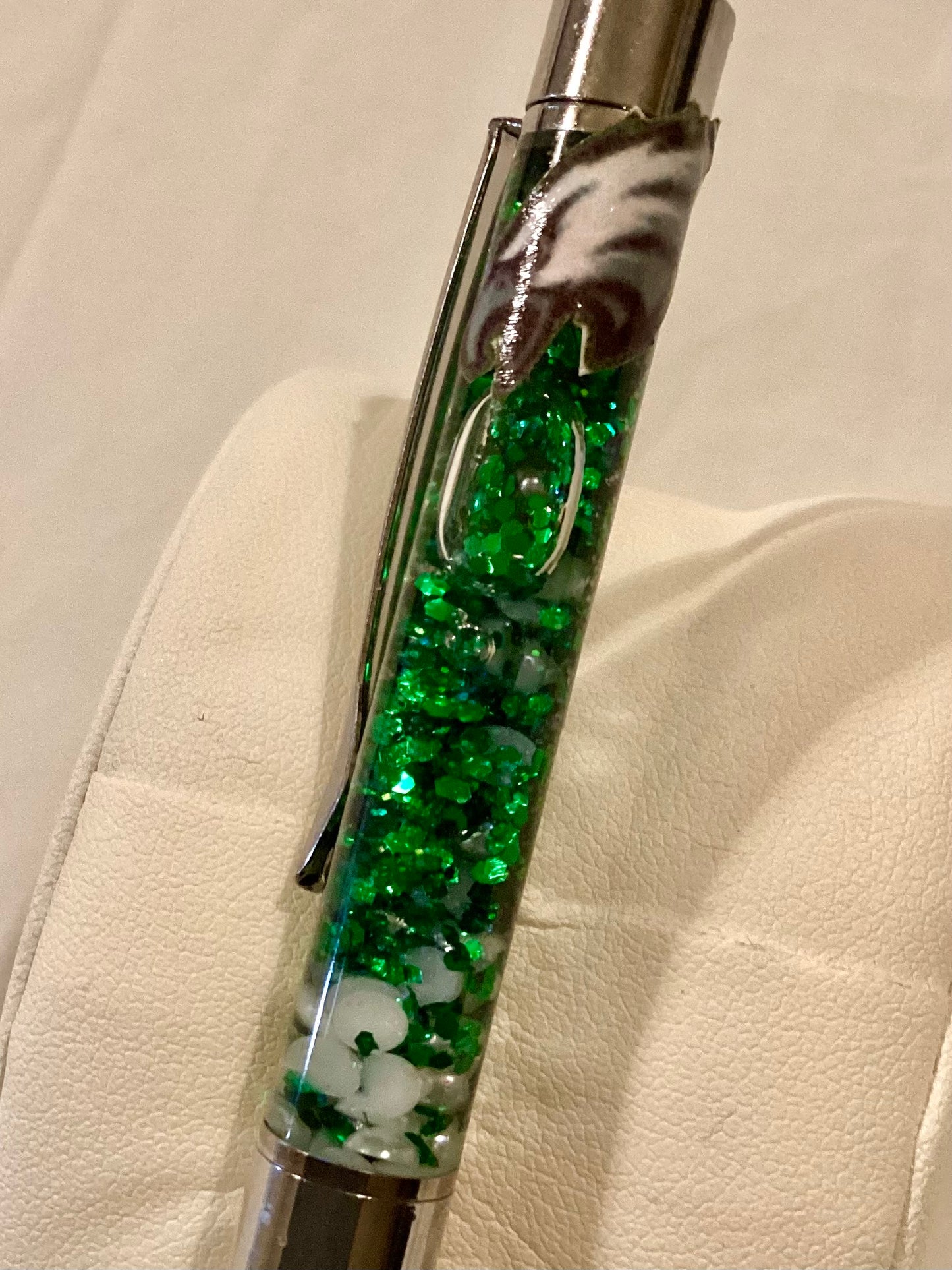 Handmade SUPERBOWL Inspired Green Glitter & White Pearls Float Pen Eagles Decal