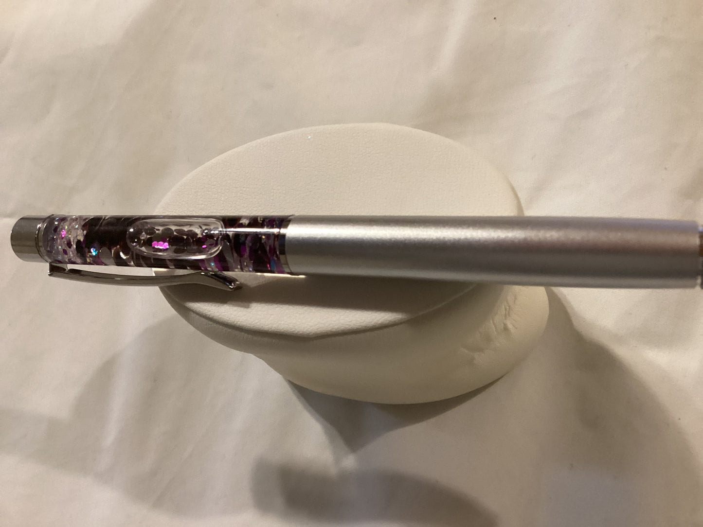 Handmade New Silver Float Pen w/floating Silver & Purple Dots and Clear Crystals