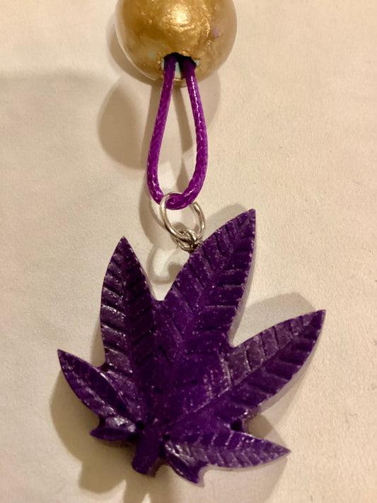 Handmade 1.5” Resin Purple Weed Leaf Medallion & Gold Wood Beaded Key Chain