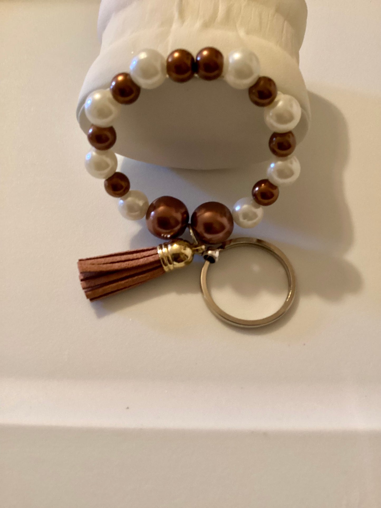 Handmade Stretch Beaded Gemstone Wristlet W/ Brown & White Glass Beads Keychain