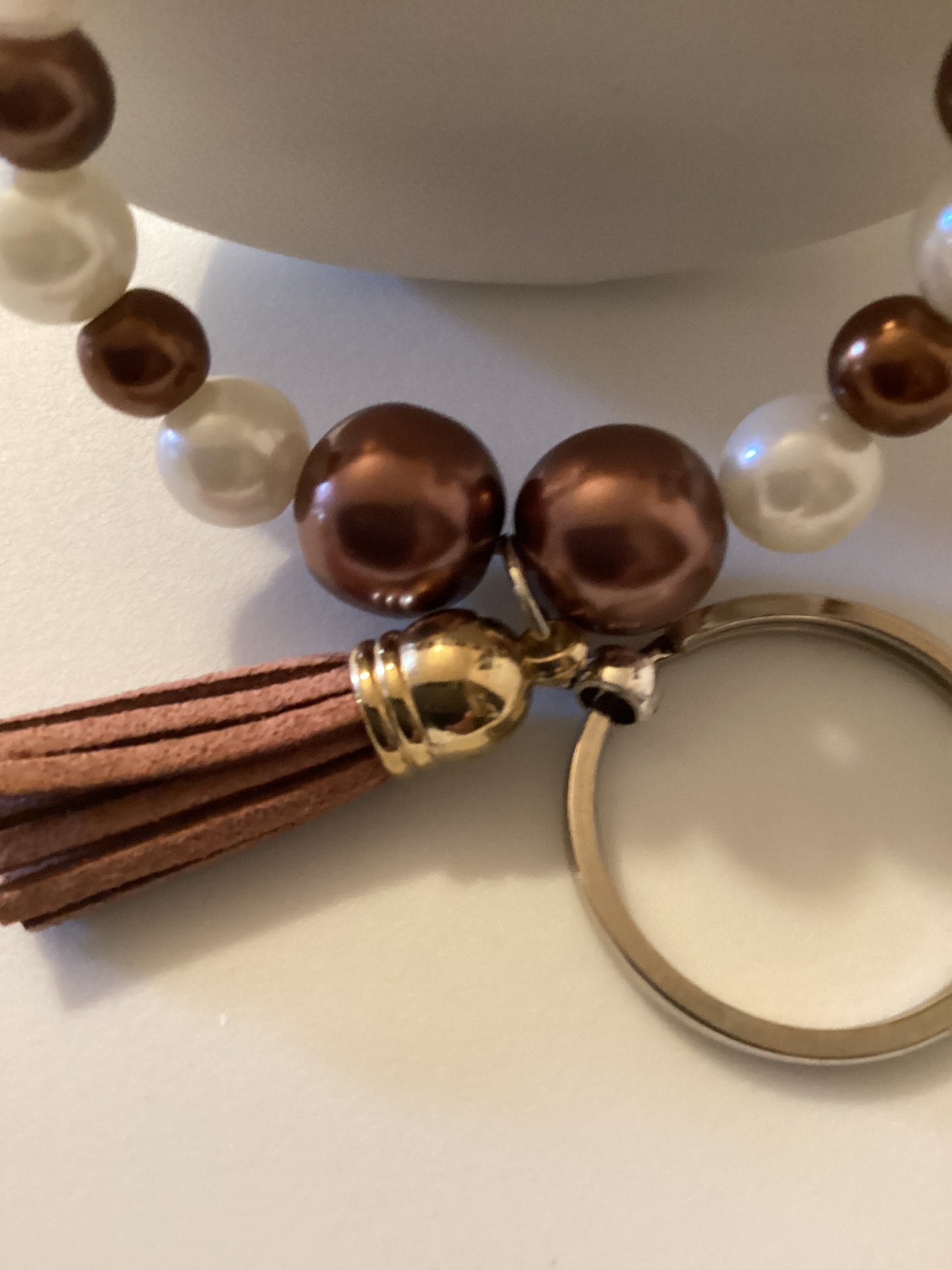 Handmade Stretch Beaded Gemstone Wristlet W/ Brown & White Glass Beads Keychain