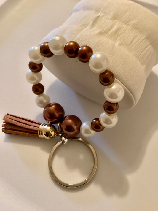 Handmade Stretch Beaded Gemstone Wristlet W/ Brown & White Glass Beads Keychain