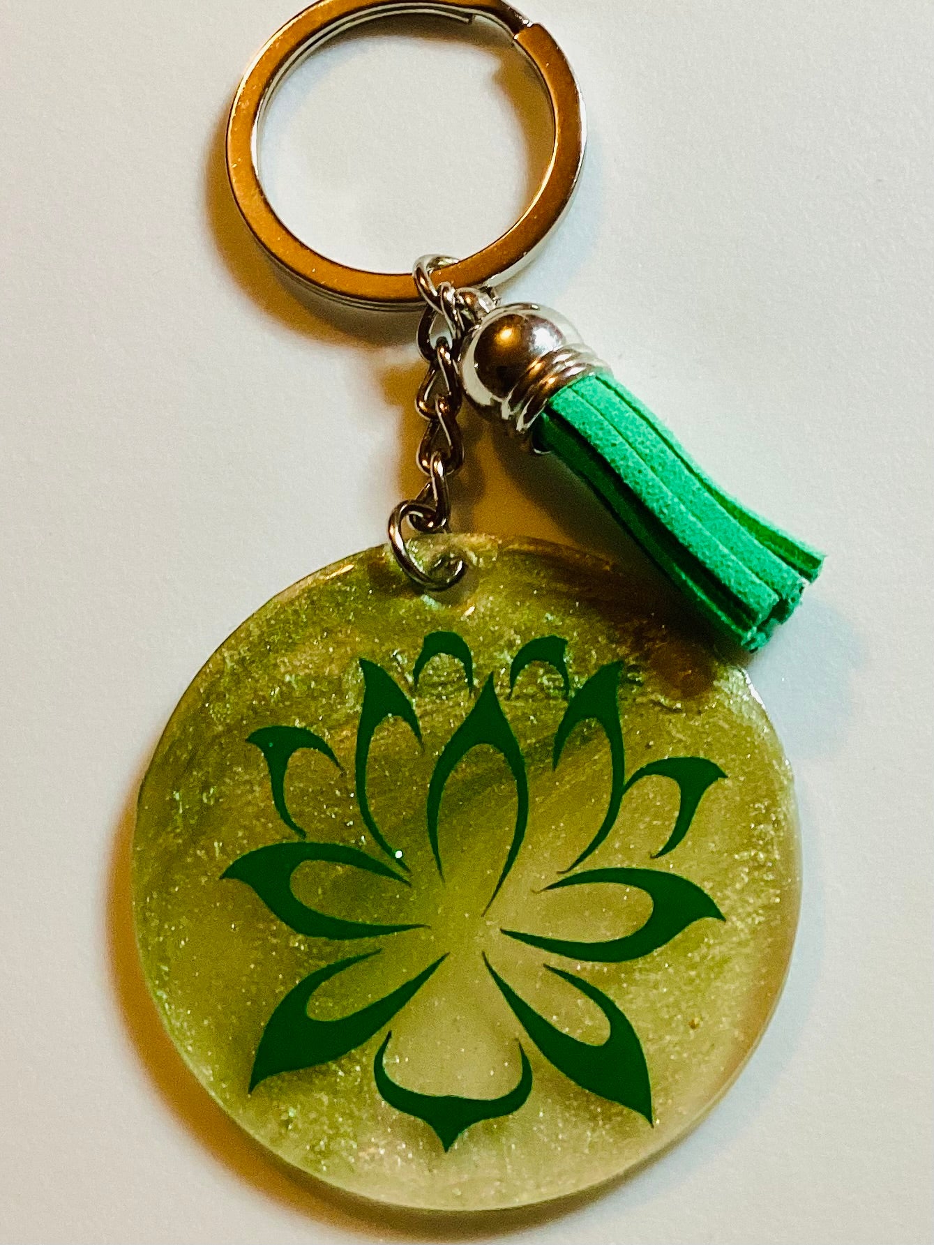 Handmade 2” Round Acrylic Fluid Art Lotus Image Keychain