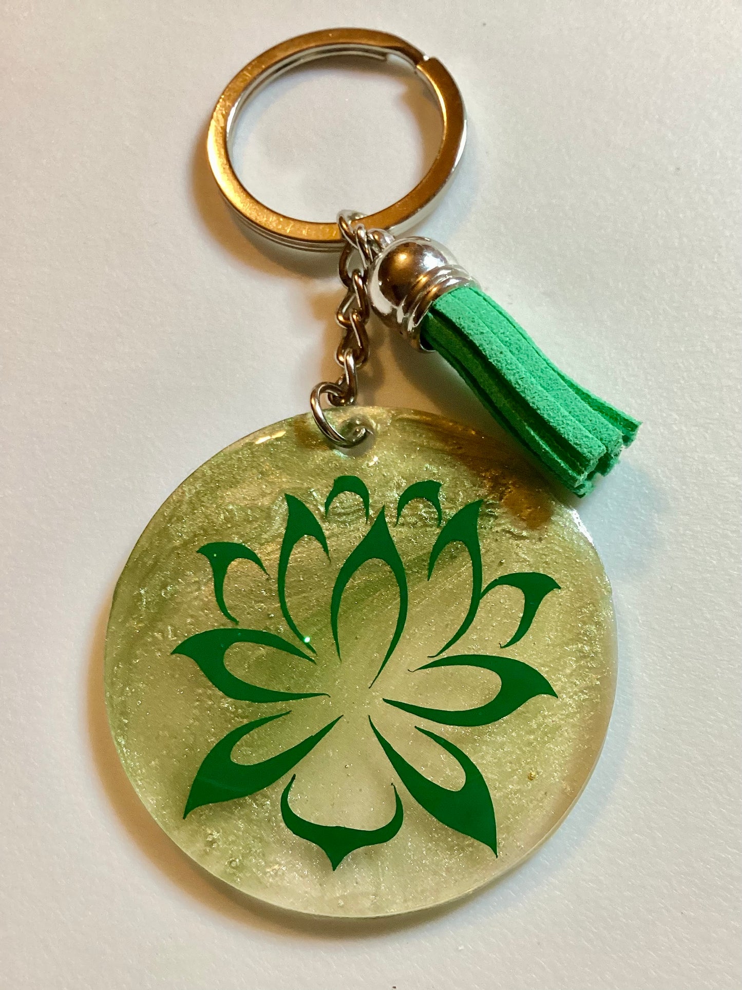 Handmade 2” Round Acrylic Fluid Art Lotus Image Keychain