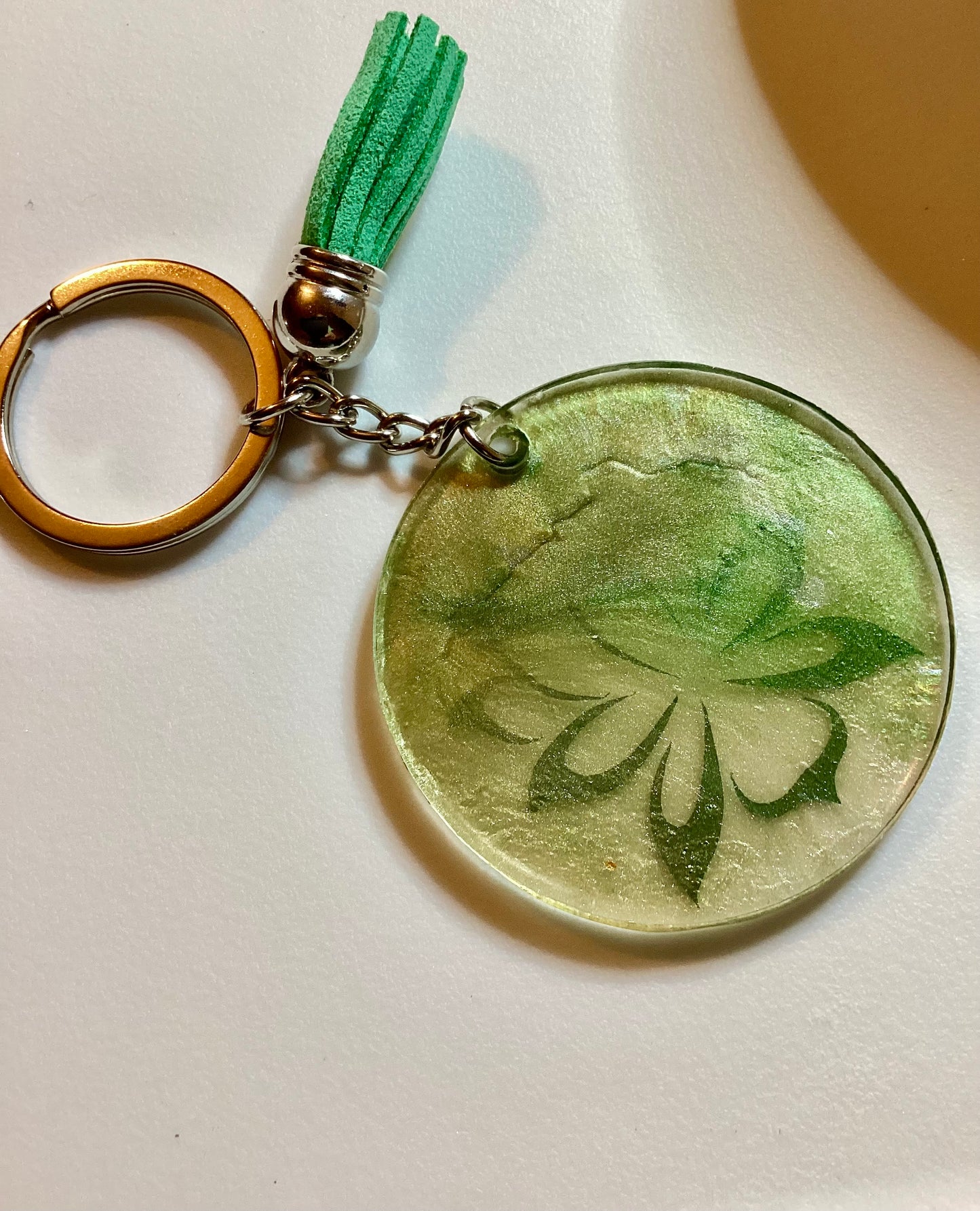 Handmade 2” Round Acrylic Fluid Art Lotus Image Keychain